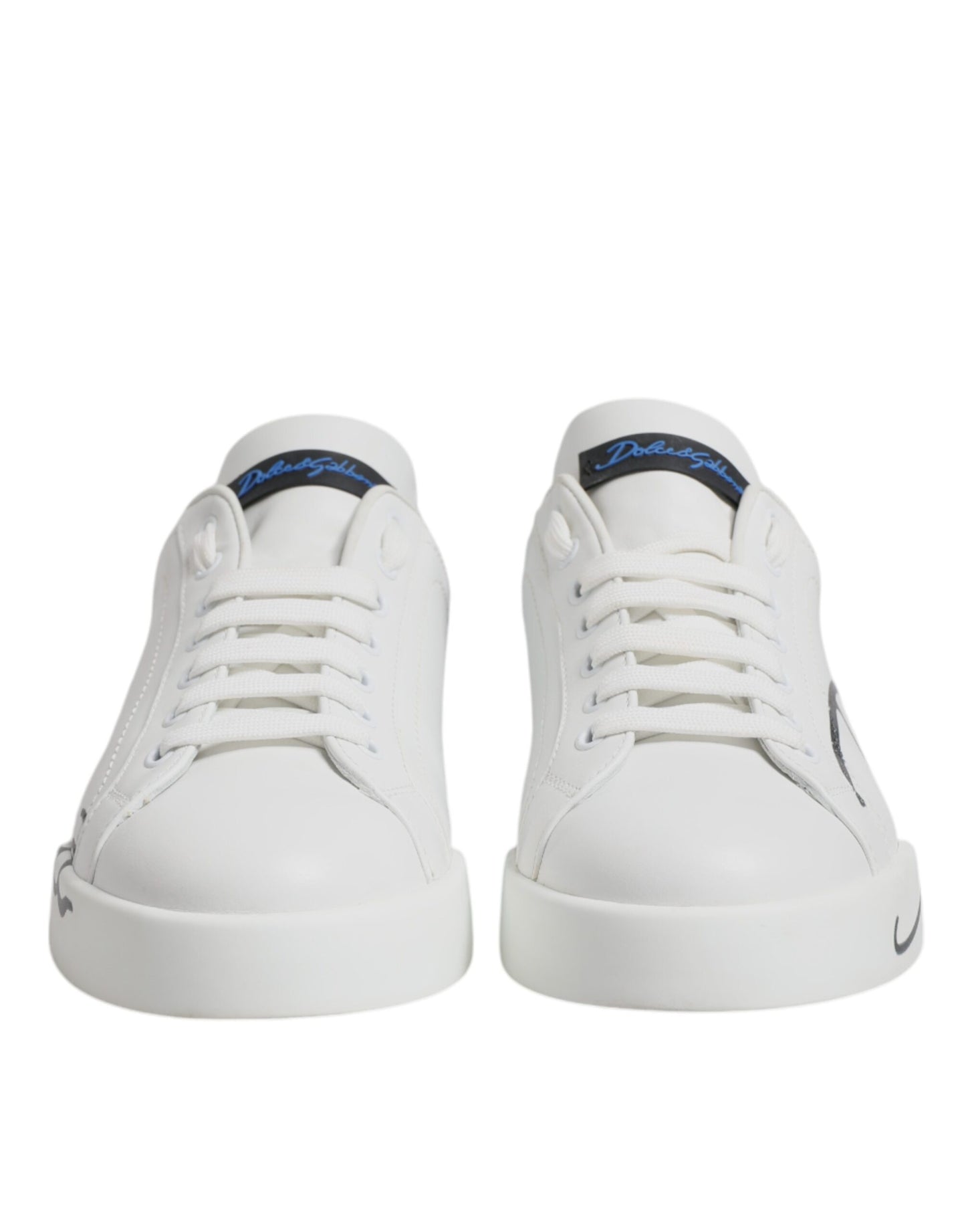 Dolce & Gabbana White Blue Leather Logo Low Top Sneakers Shoes