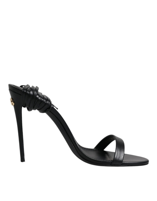 Black Leather Stiletto Heels Sandals Shoes