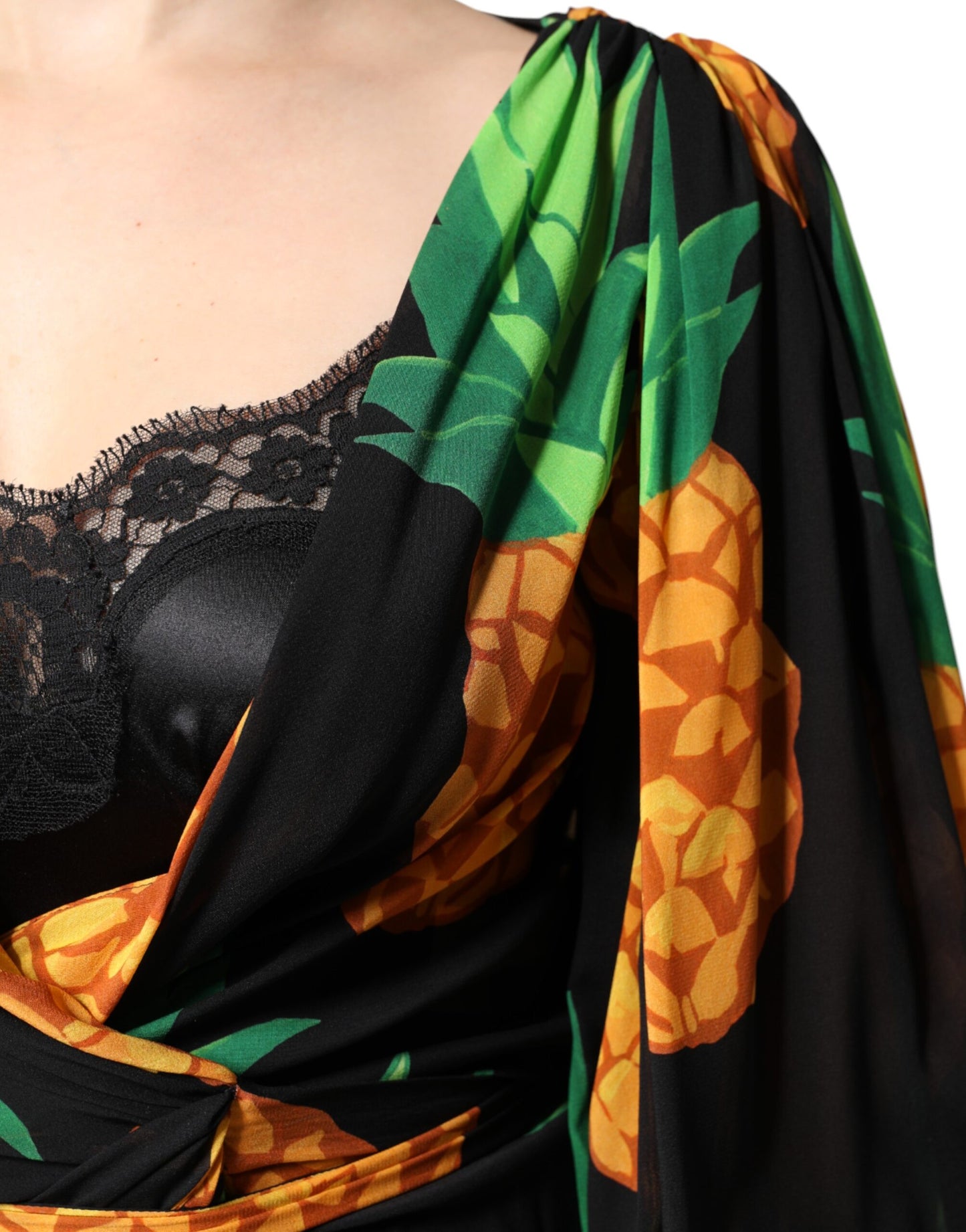 Dolce & Gabbana Black Silk Pineapple Draped Print Wrap Dress