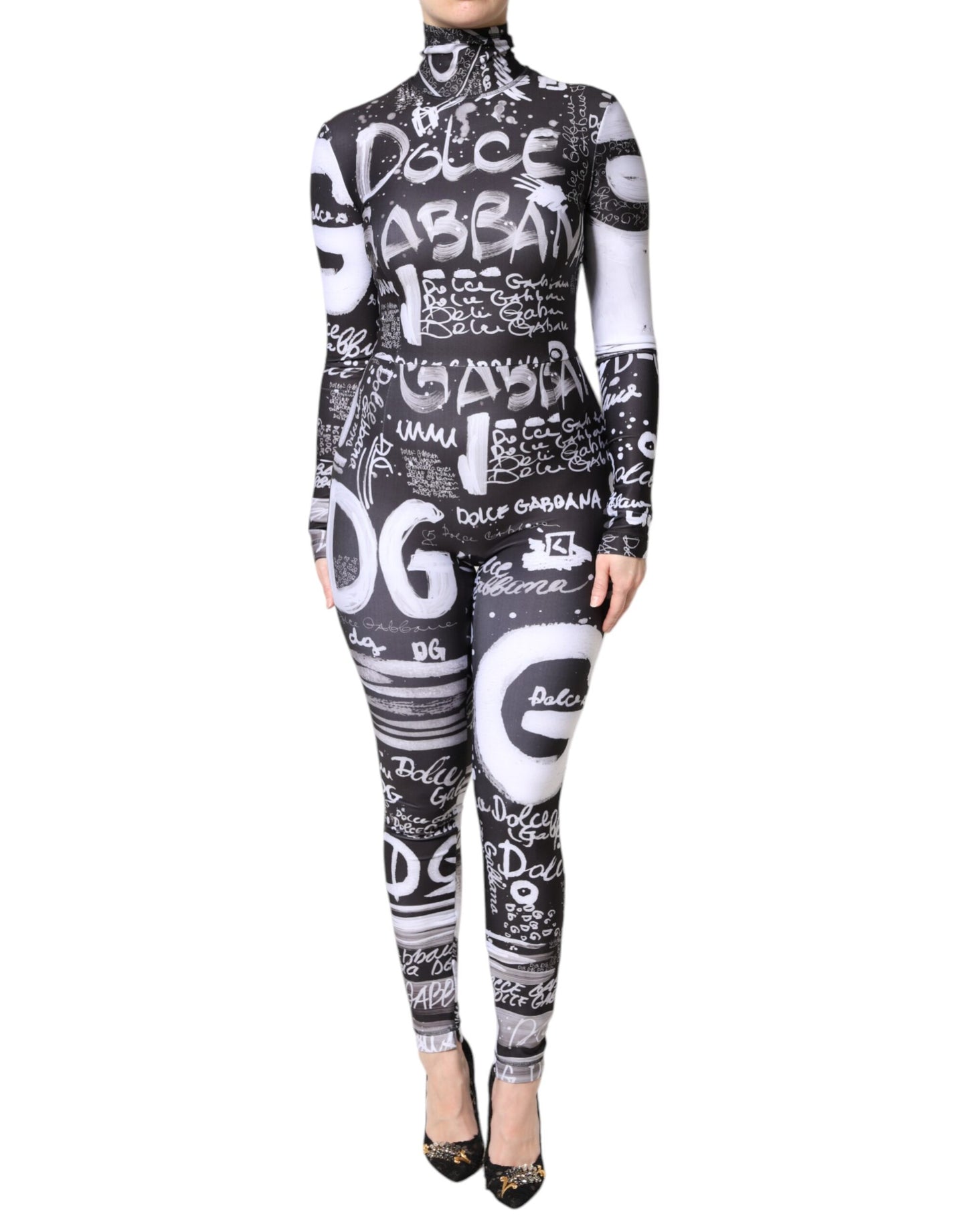 Black Logo Turtleneck Bodycon Jumpsuit Dress