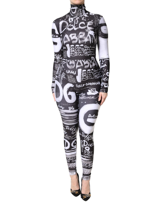 Black Logo Turtleneck Bodycon Jumpsuit Dress