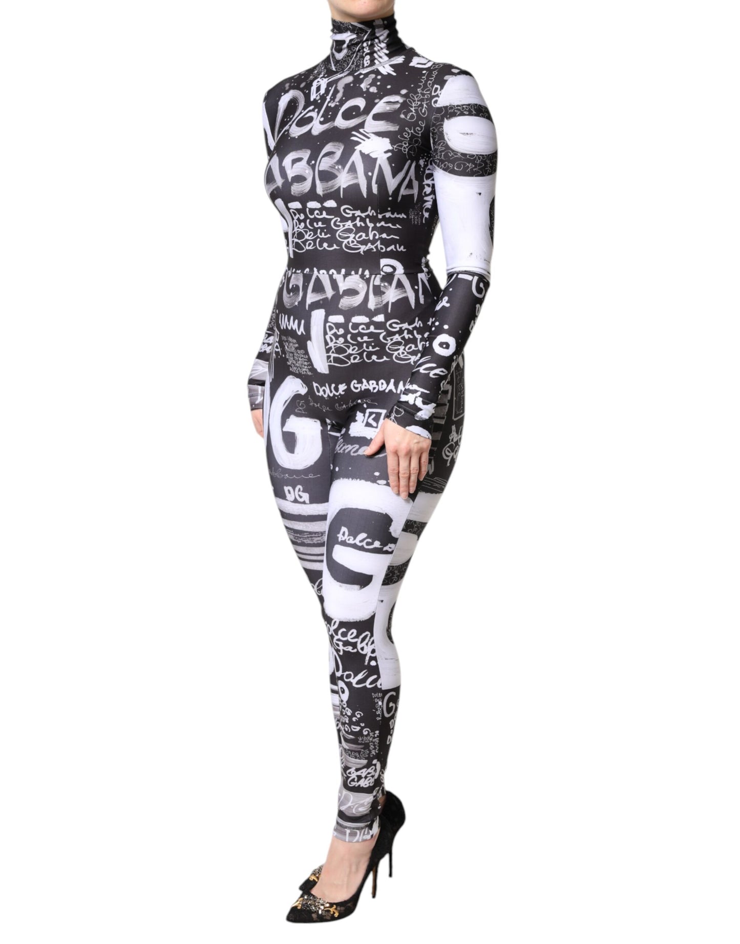 Black Logo Turtleneck Bodycon Jumpsuit Dress