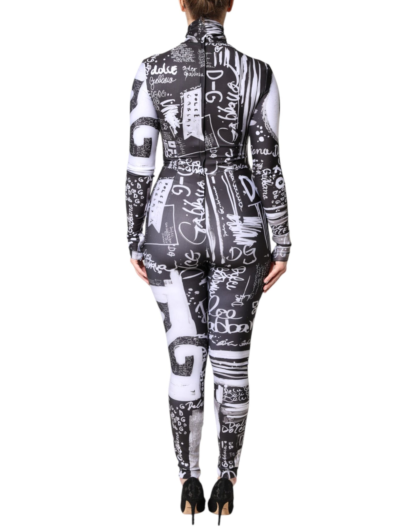 Black Logo Turtleneck Bodycon Jumpsuit Dress