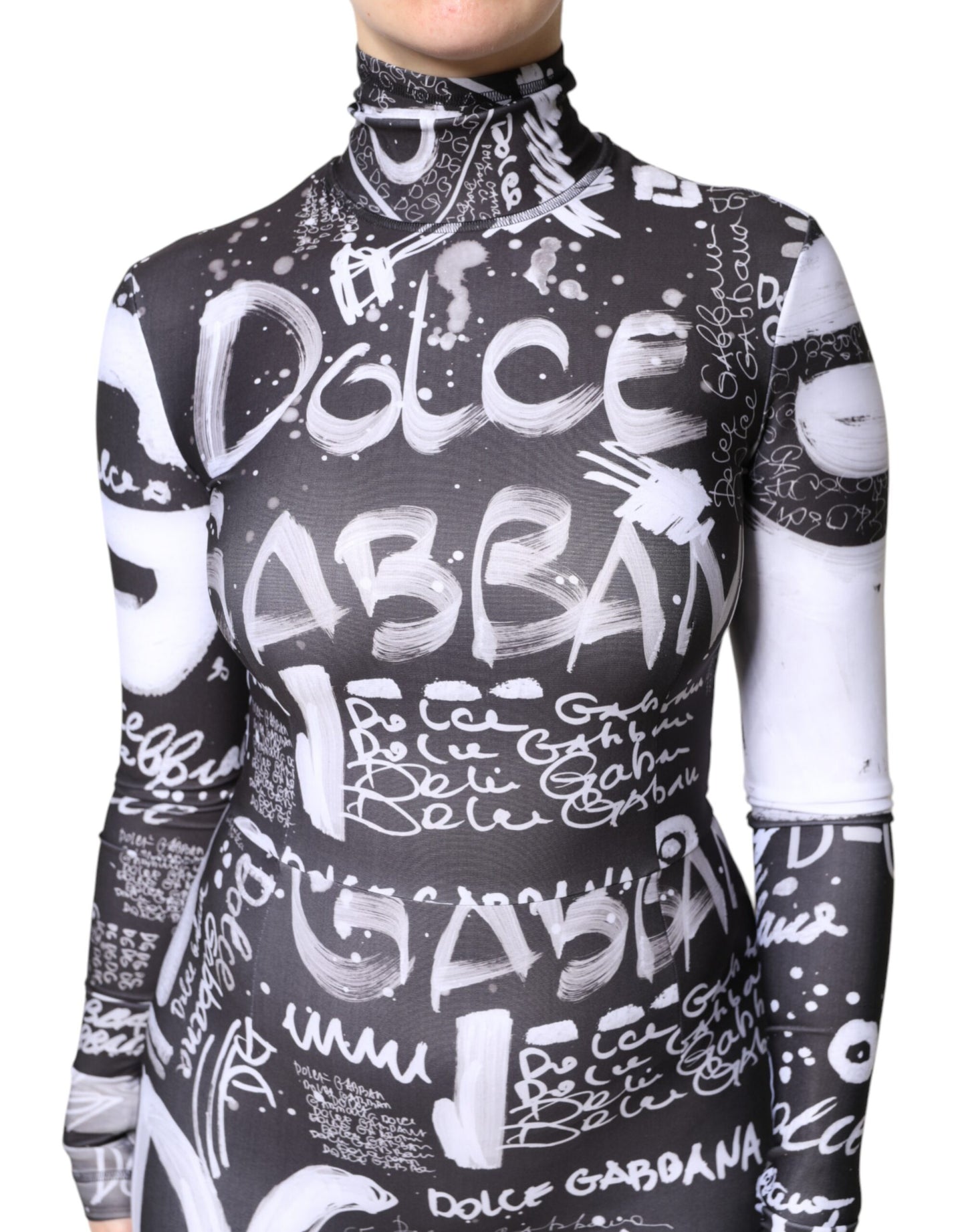 Black Logo Turtleneck Bodycon Jumpsuit Dress