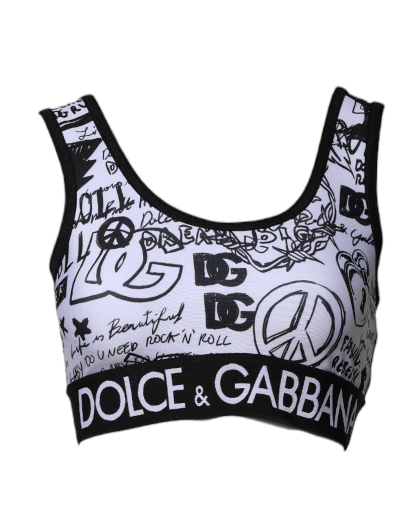 White Graffiti Print Logo Band Sports Bra Top