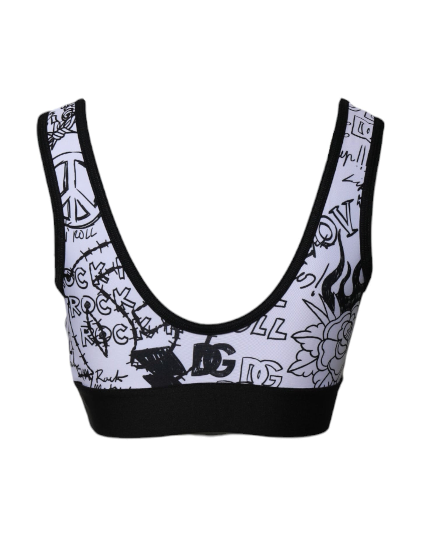 White Graffiti Print Logo Band Sports Bra Top