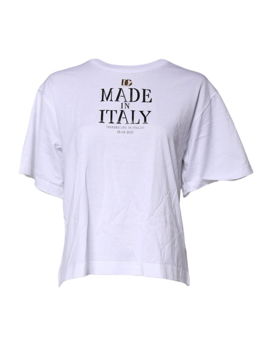 Dolce & Gabbana White Printed Round Neck Top Cotton T-shirt