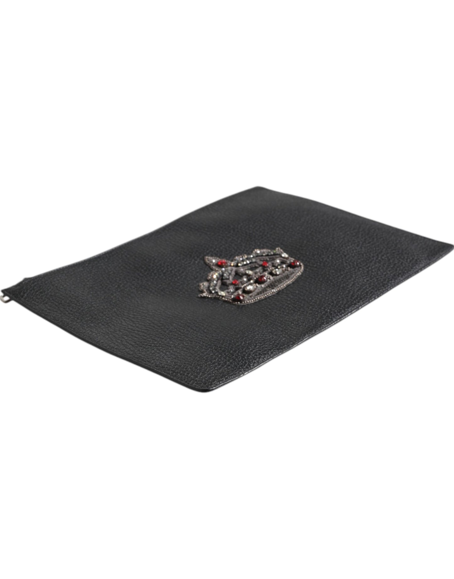 Black Calfskin Crown Embellished Clutch Pouch Bag