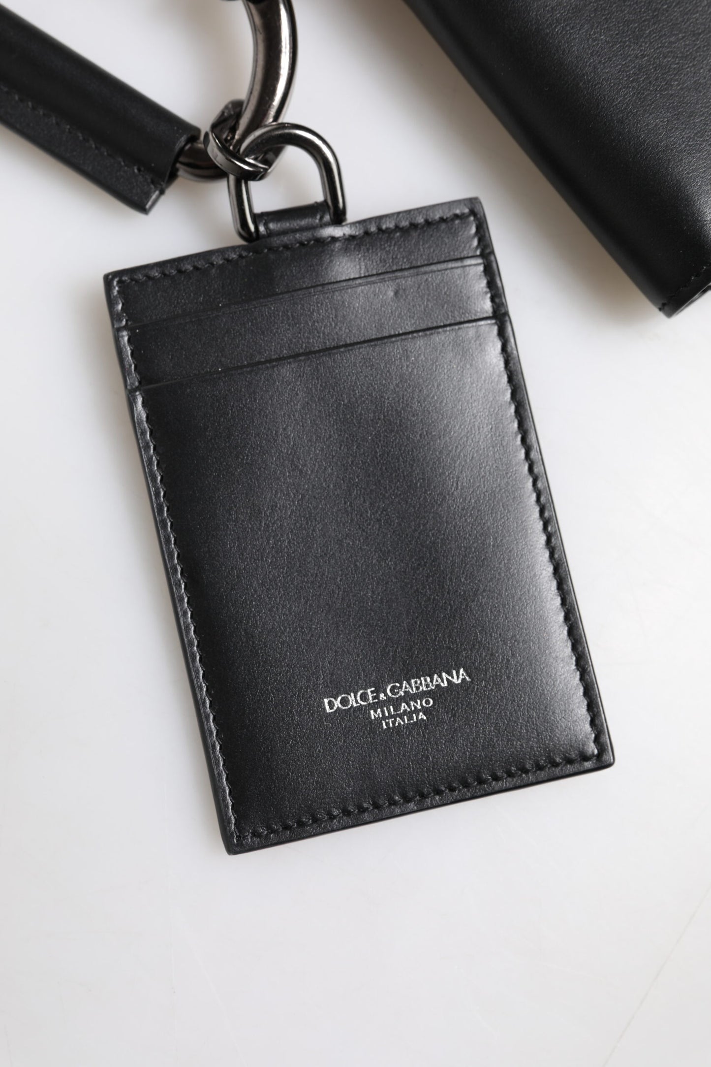 Dolce & Gabbana Black Leather Lanyard Zip Around Card Holder Wallet