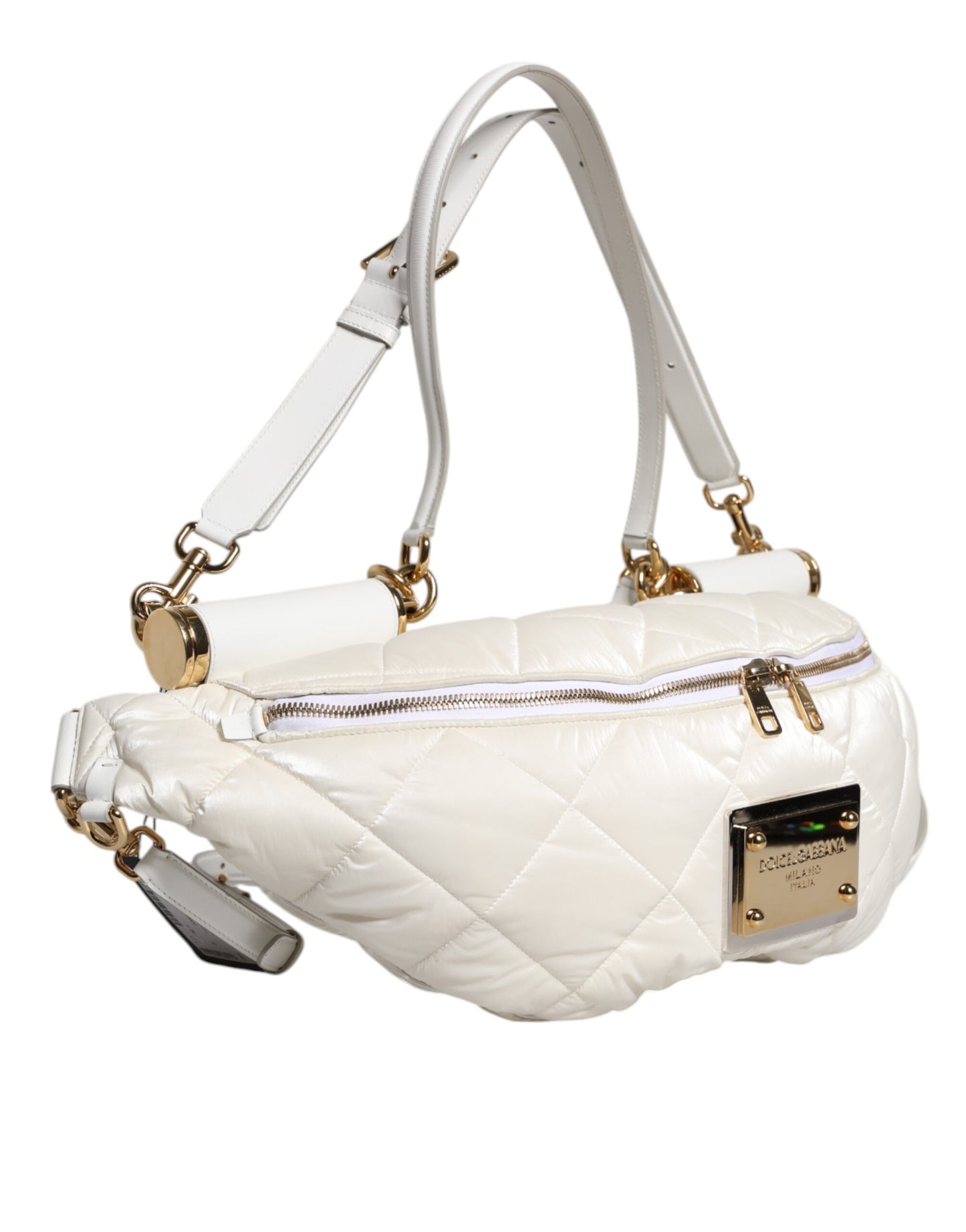 Dolce & Gabbana White Quilted Logo Plaque Belt Waist Fanny Pack Bag