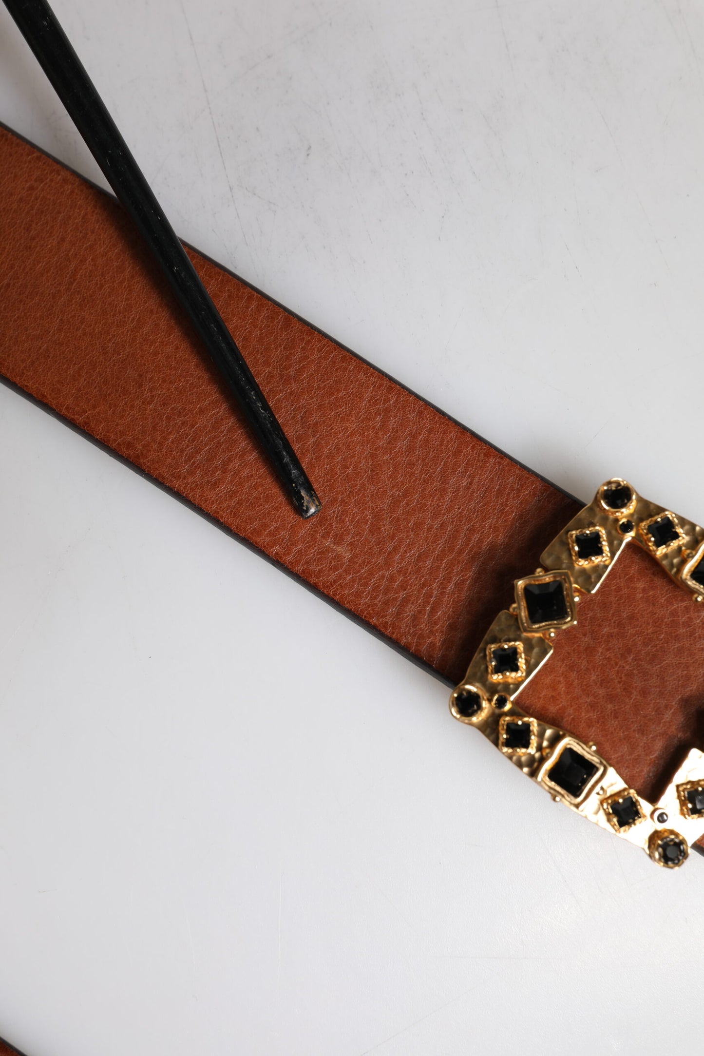 Dolce & Gabbana Brown Leather Gold Crystal Buckle Belt