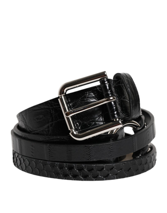 Dolce & Gabbana Black Exotic Leather Metal Logo Buckle Belt