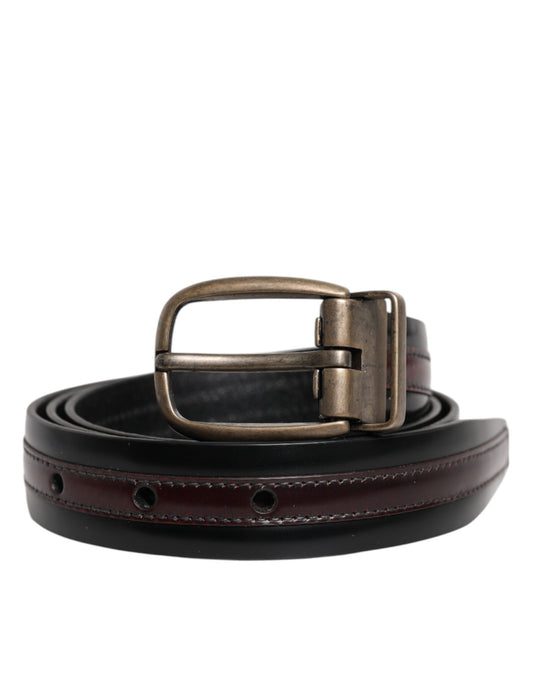 Dolce & Gabbana Black Burgundy Calfskin Metal Logo Buckle Belt