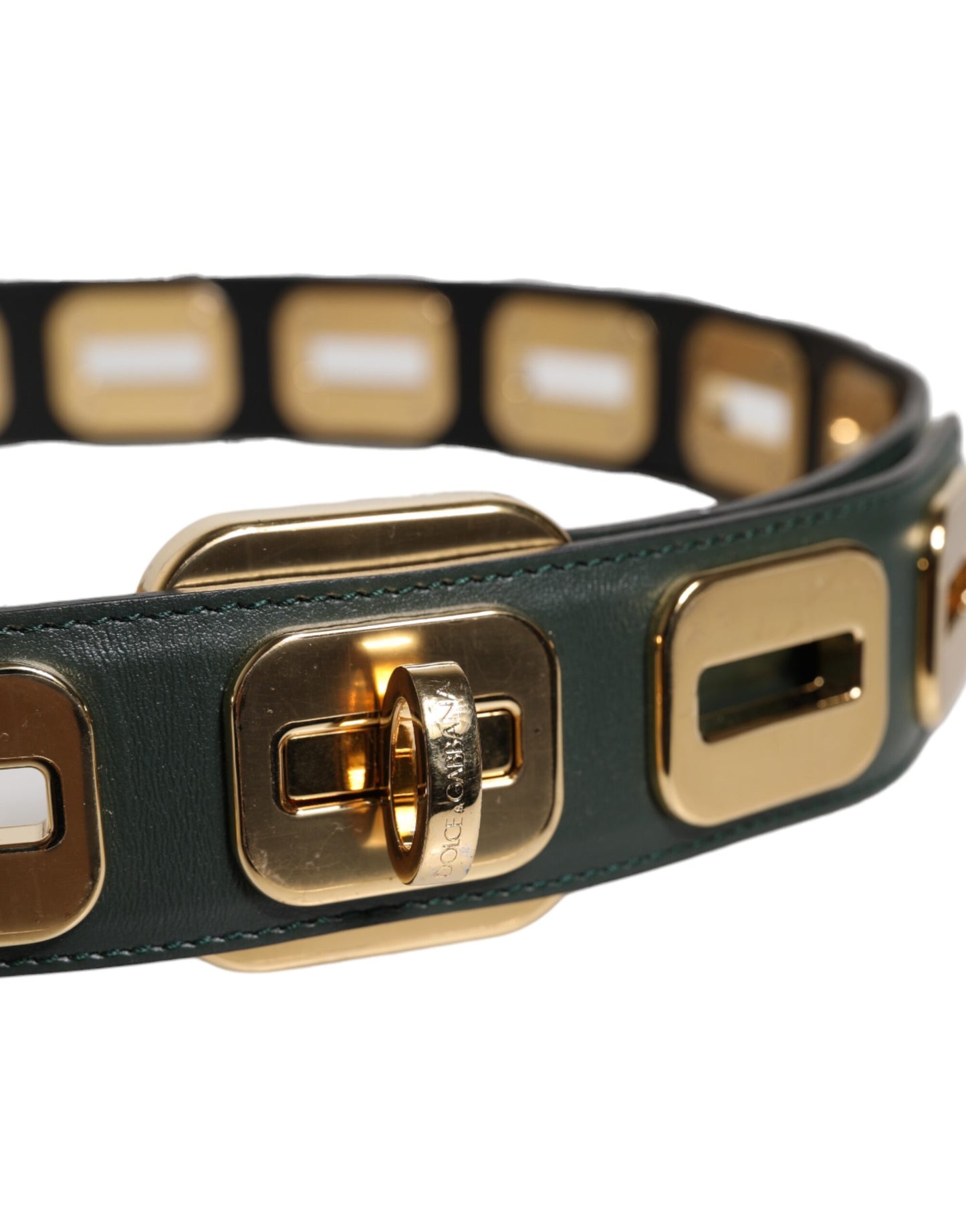 Dolce & Gabbana Green Leather Gold Tone Rotating Buckle Belt