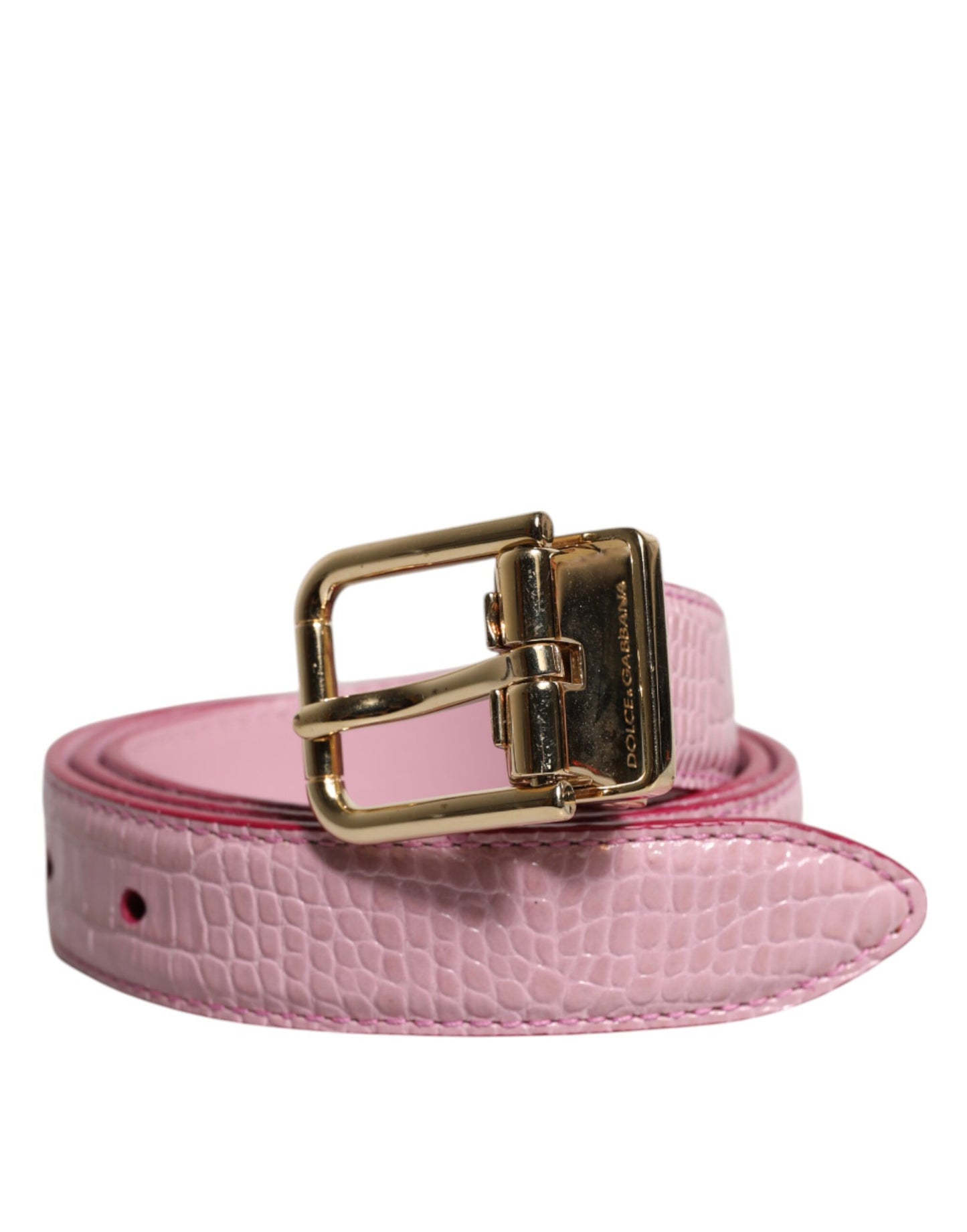 Pink Leather Gold Logo Metal Waist Buckle Belt