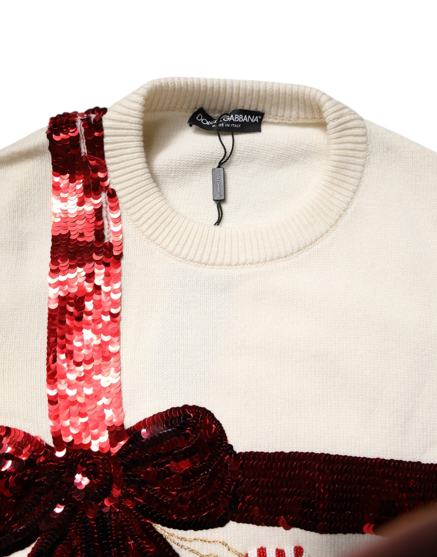 White Sequined Crew Neck Pullover Sweater