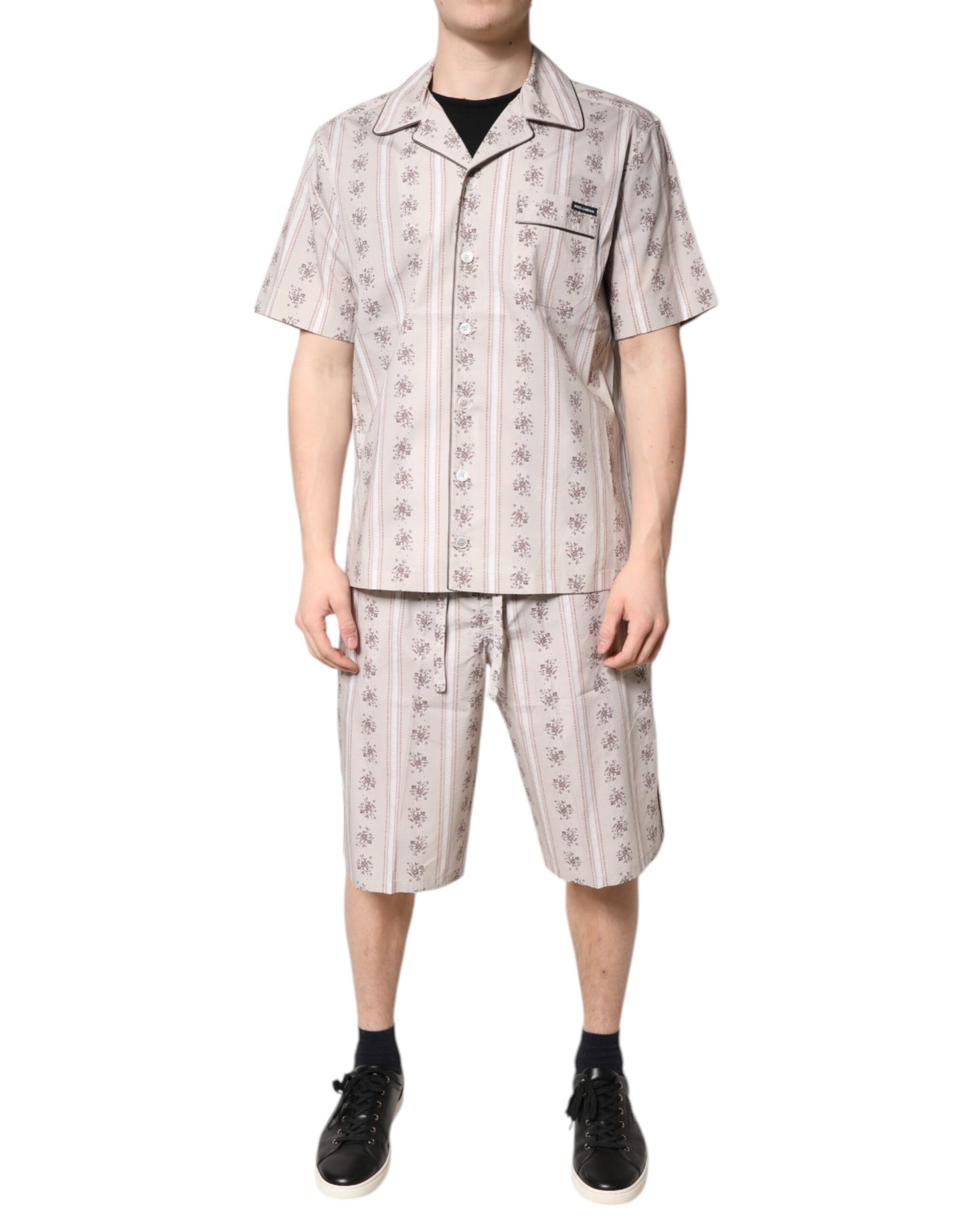 Beige Floral Print Cotton Men Pajama Set Sleepwear