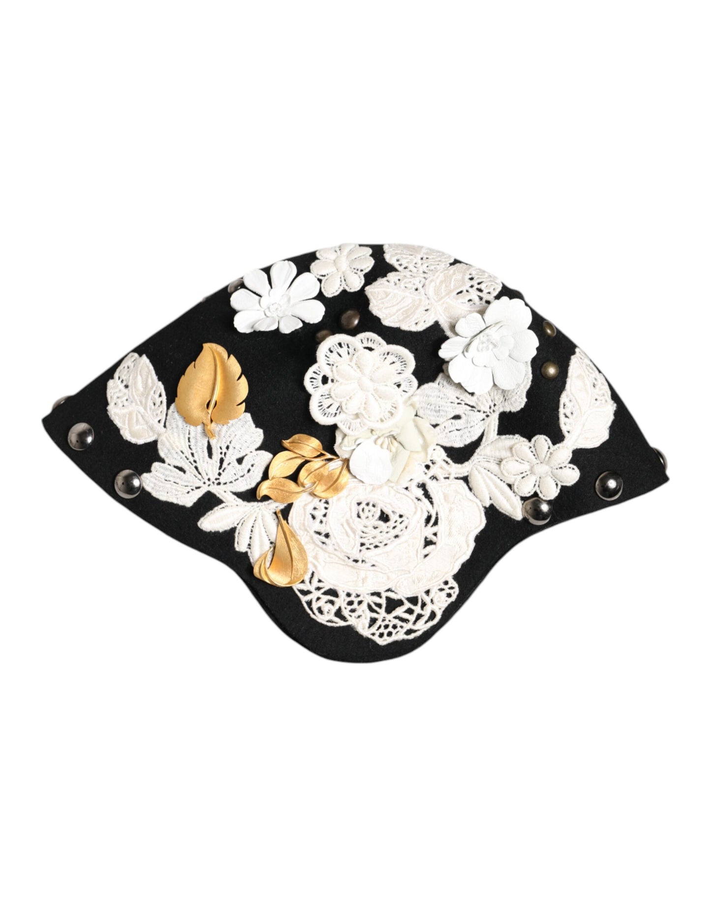 Dolce & Gabbana Black Wool White Floral Gold Leaf Cloche Hat