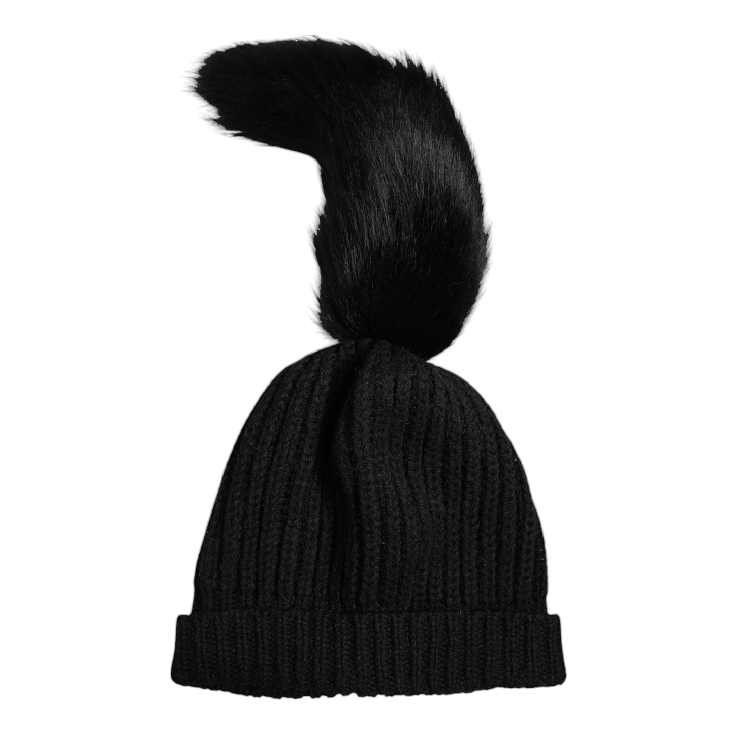 Black Acrylic Knitted Fur Winter Beanie Hat