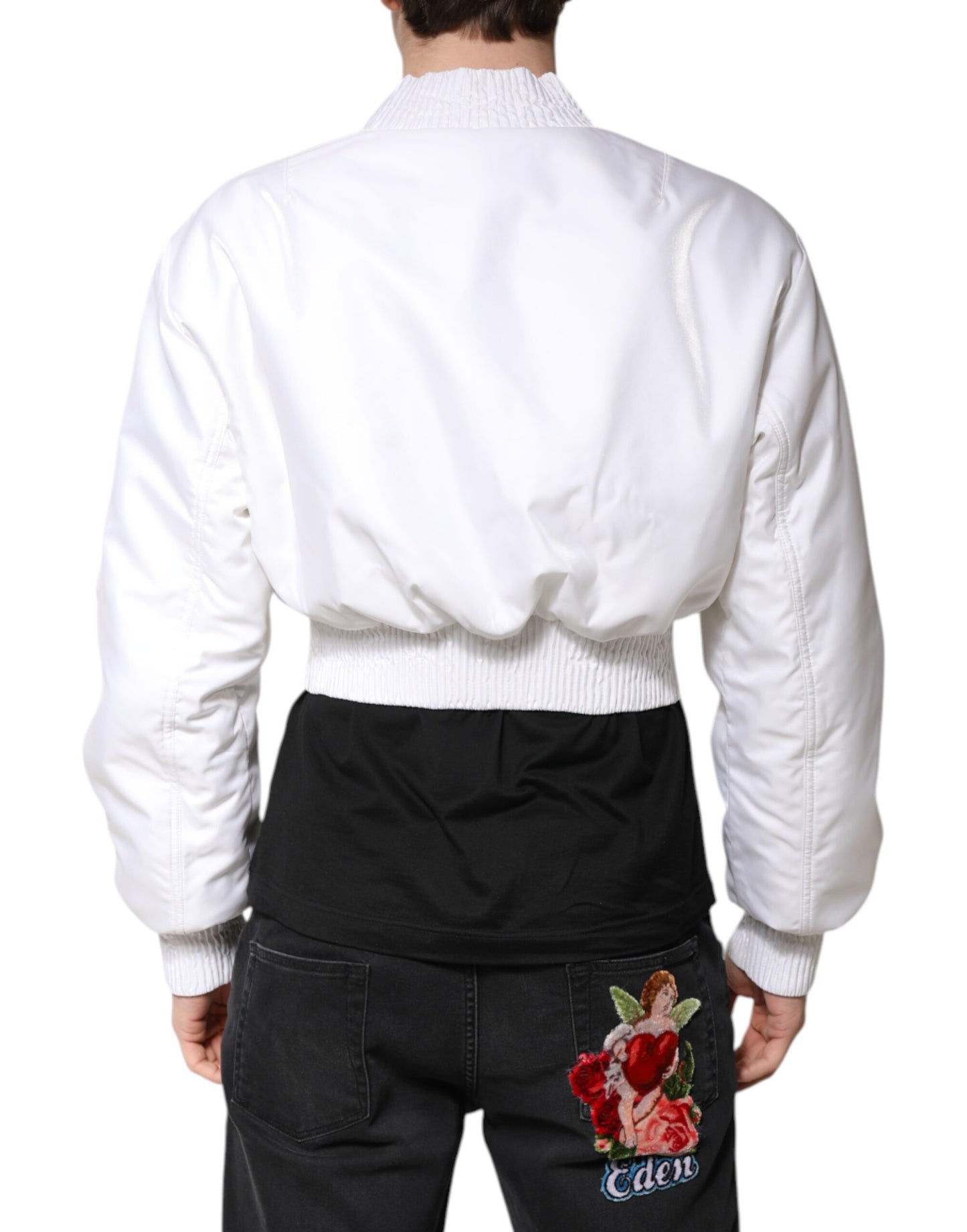 White Nylon Full Zip Cropped Bomber Jacket