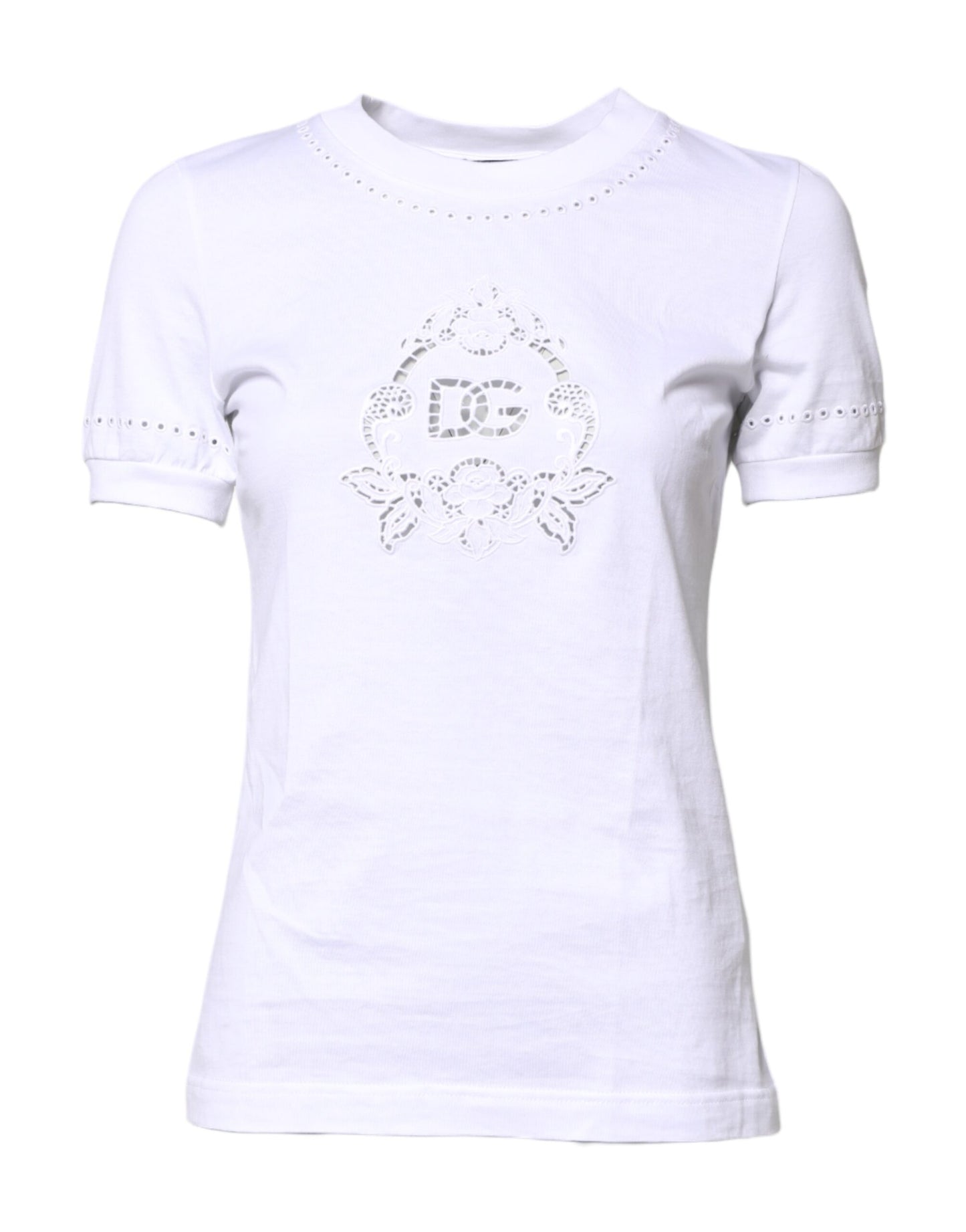 Dolce & Gabbana White Cotton Floral Logo Crew Neck T-shirt