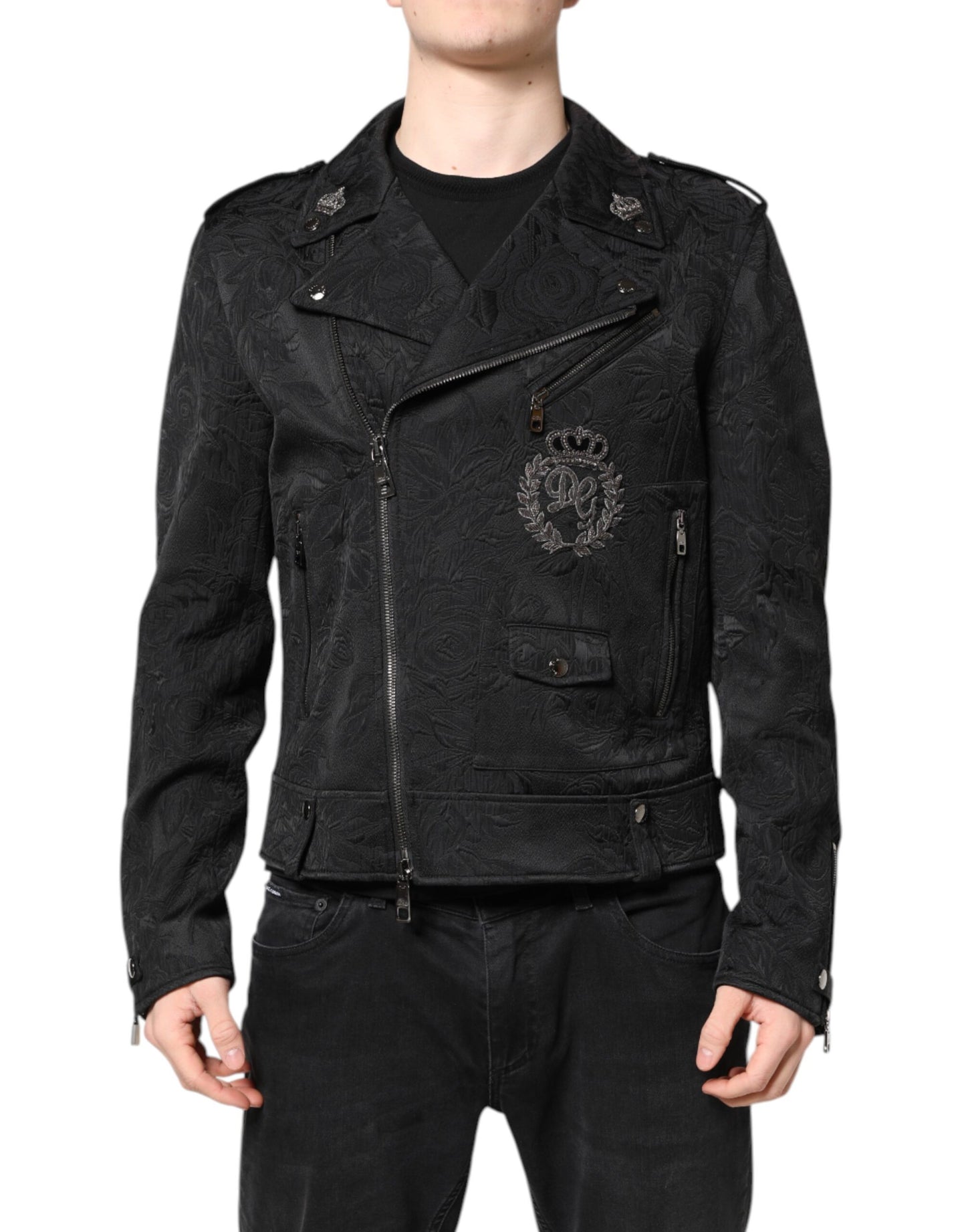 Black Brocade Cotton Full Zip Biker Jacket