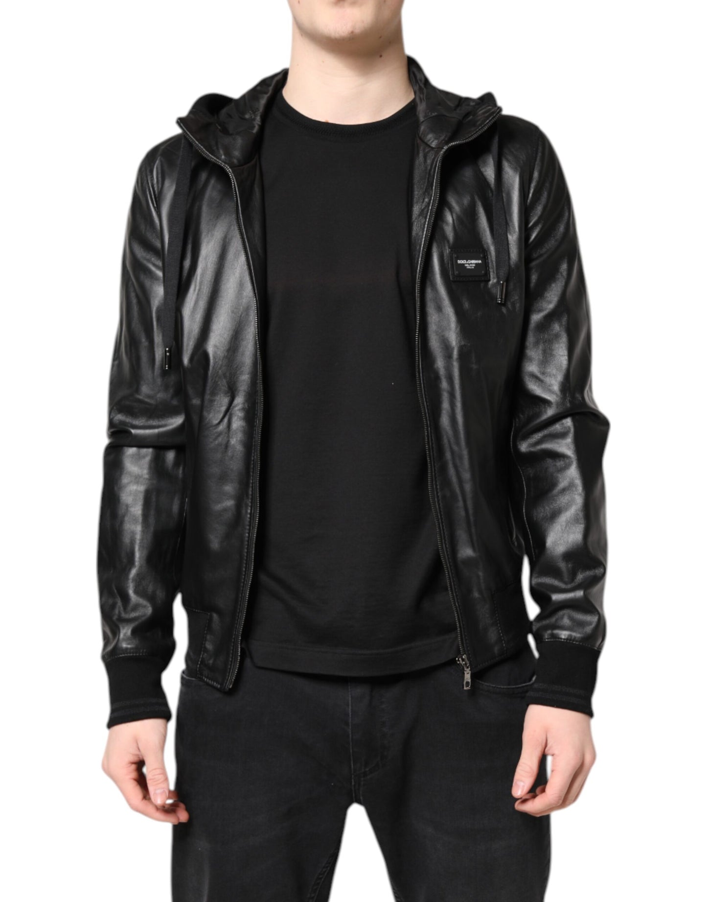 Black Lambskin Leather Full Zip Biker Jacket