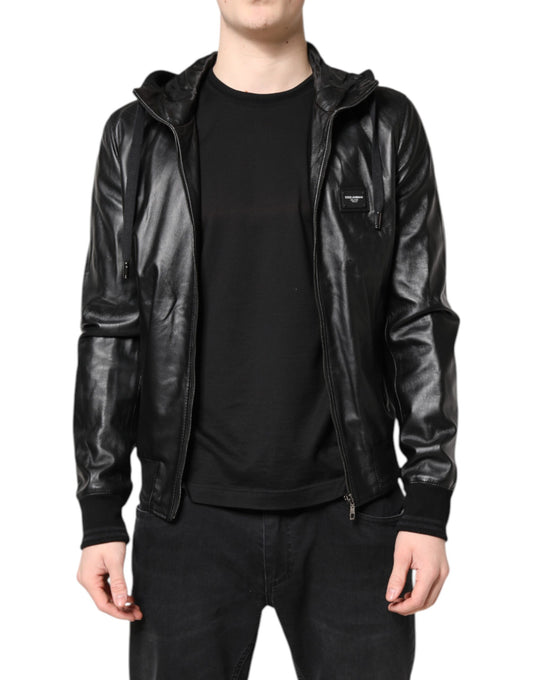 Black Lambskin Leather Full Zip Biker Jacket