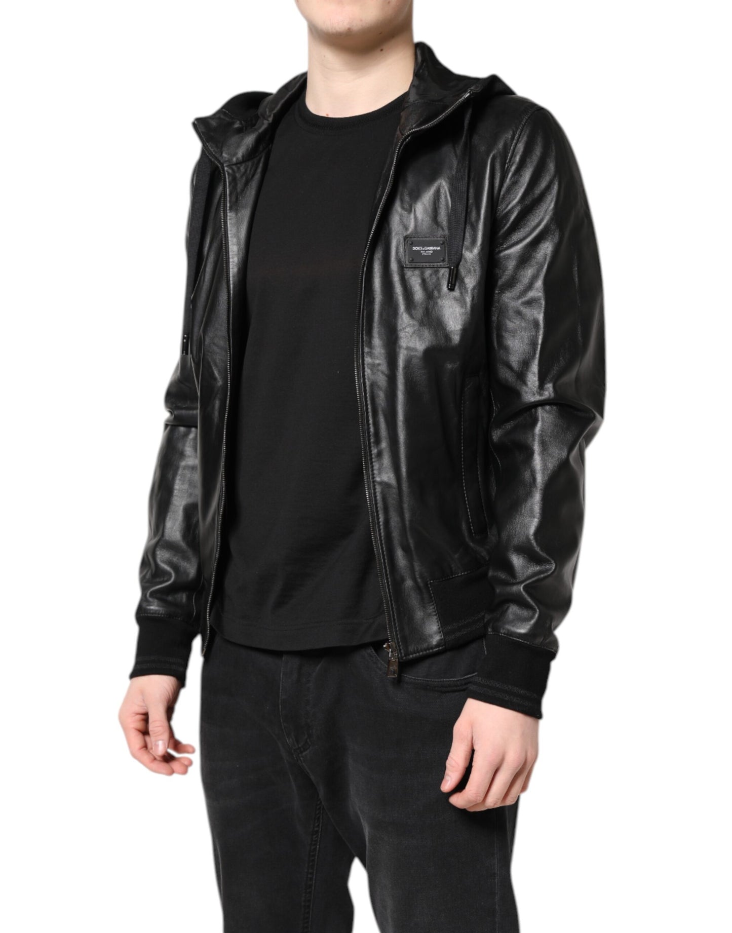 Black Lambskin Leather Full Zip Biker Jacket