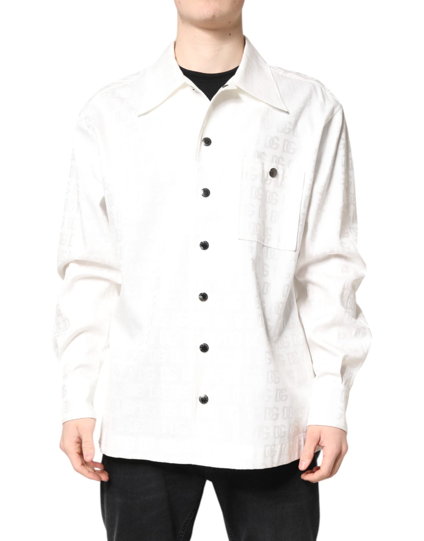 White DG Monogram Cotton Button Down Shirt