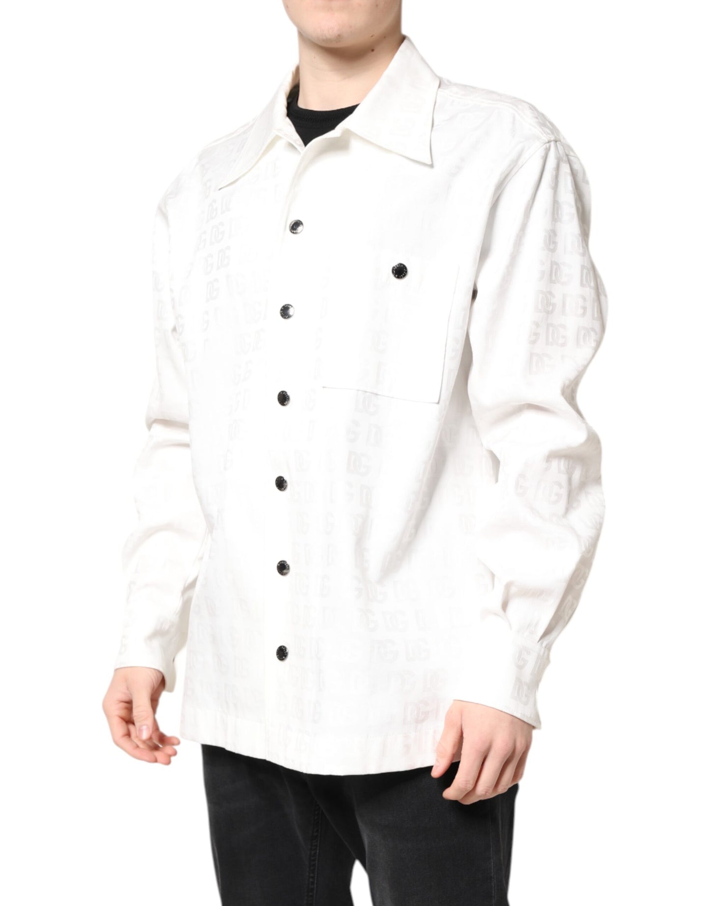 White DG Monogram Cotton Button Down Shirt