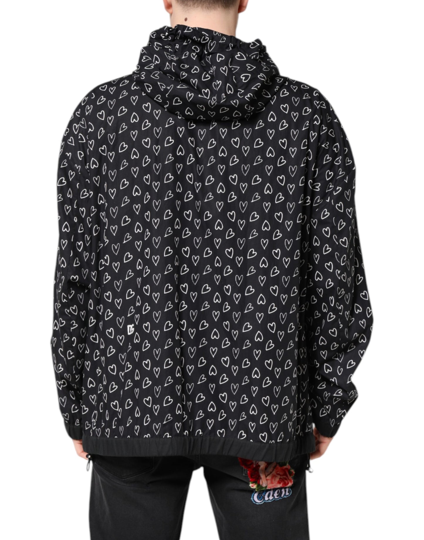 Dolce & Gabbana Black Heart Print Hooded Windbreaker Jacket