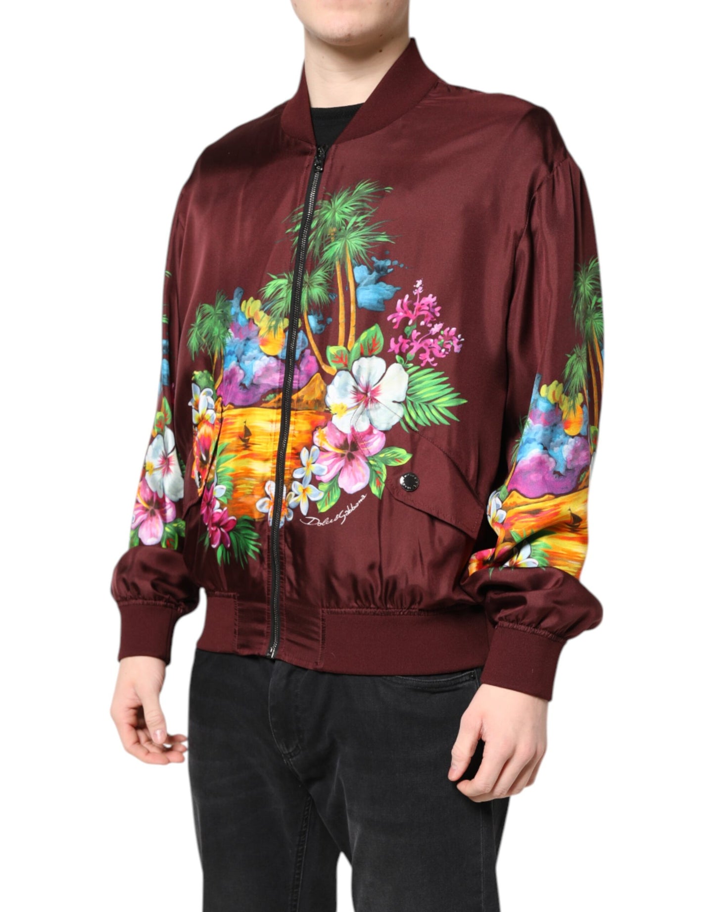 Dolce & Gabbana Maroon Floral Print Full Zip Bomber Jacket