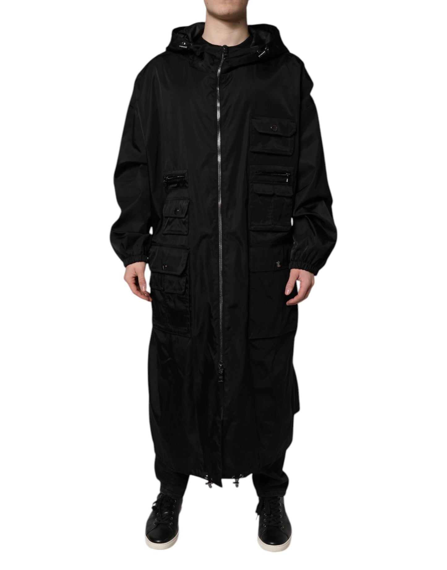 Black Hooded Long Men Windbreaker Jacket