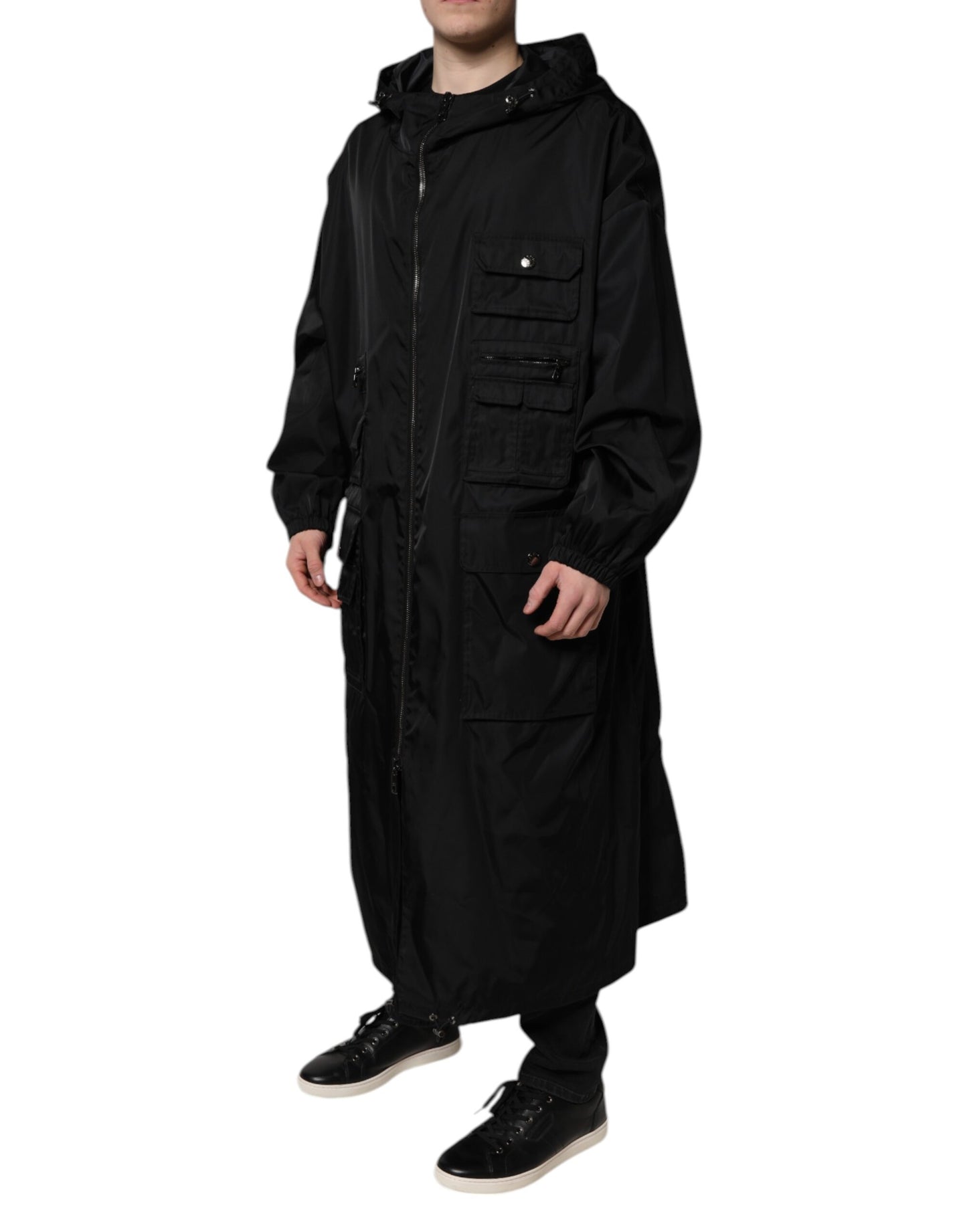 Black Hooded Long Men Windbreaker Jacket