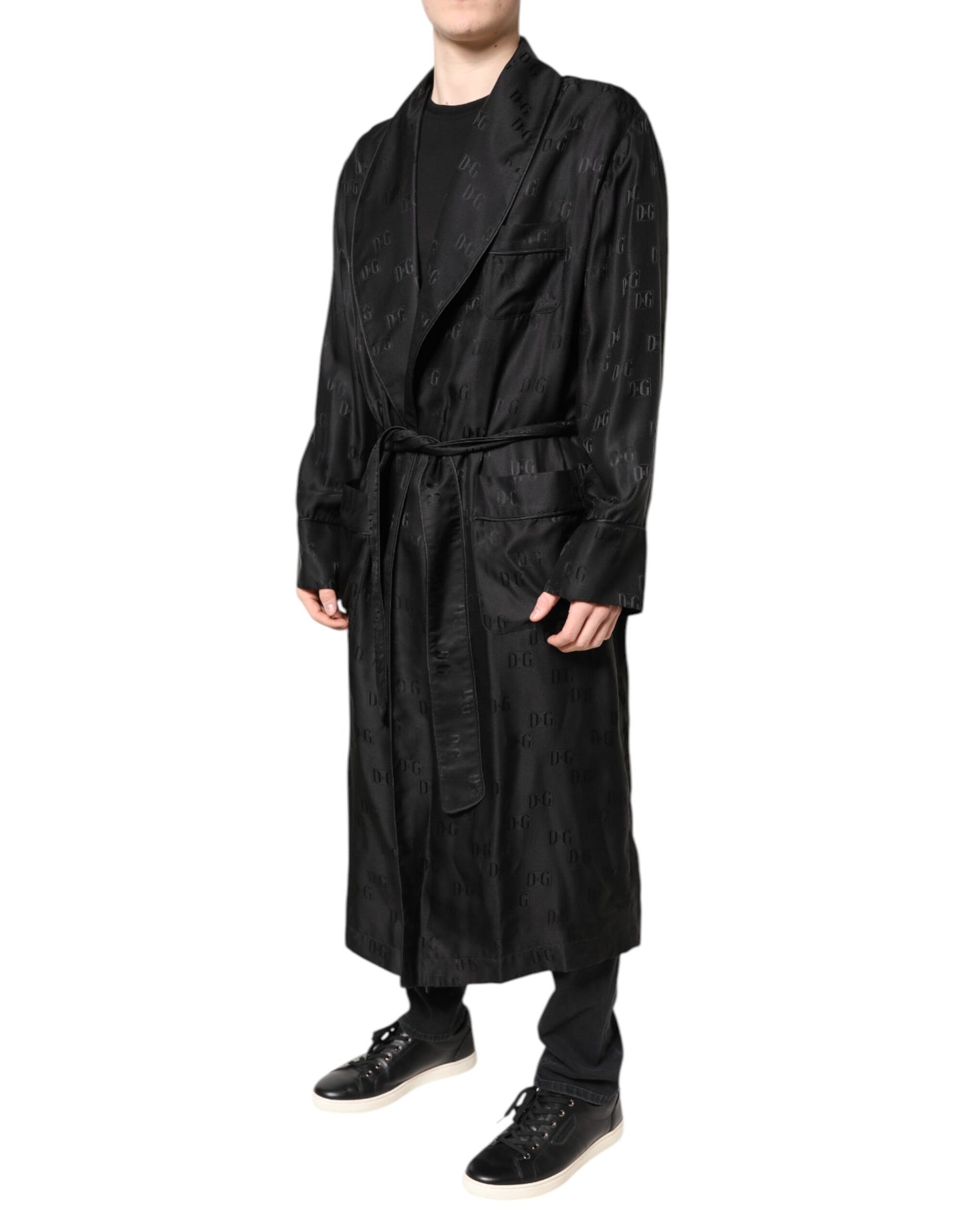 Dolce & Gabbana Black Silk DG Logo Men Wrap Robe Coat Jacket