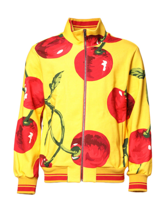 Yellow Cherry Print Full Zip Bomber Sweater
