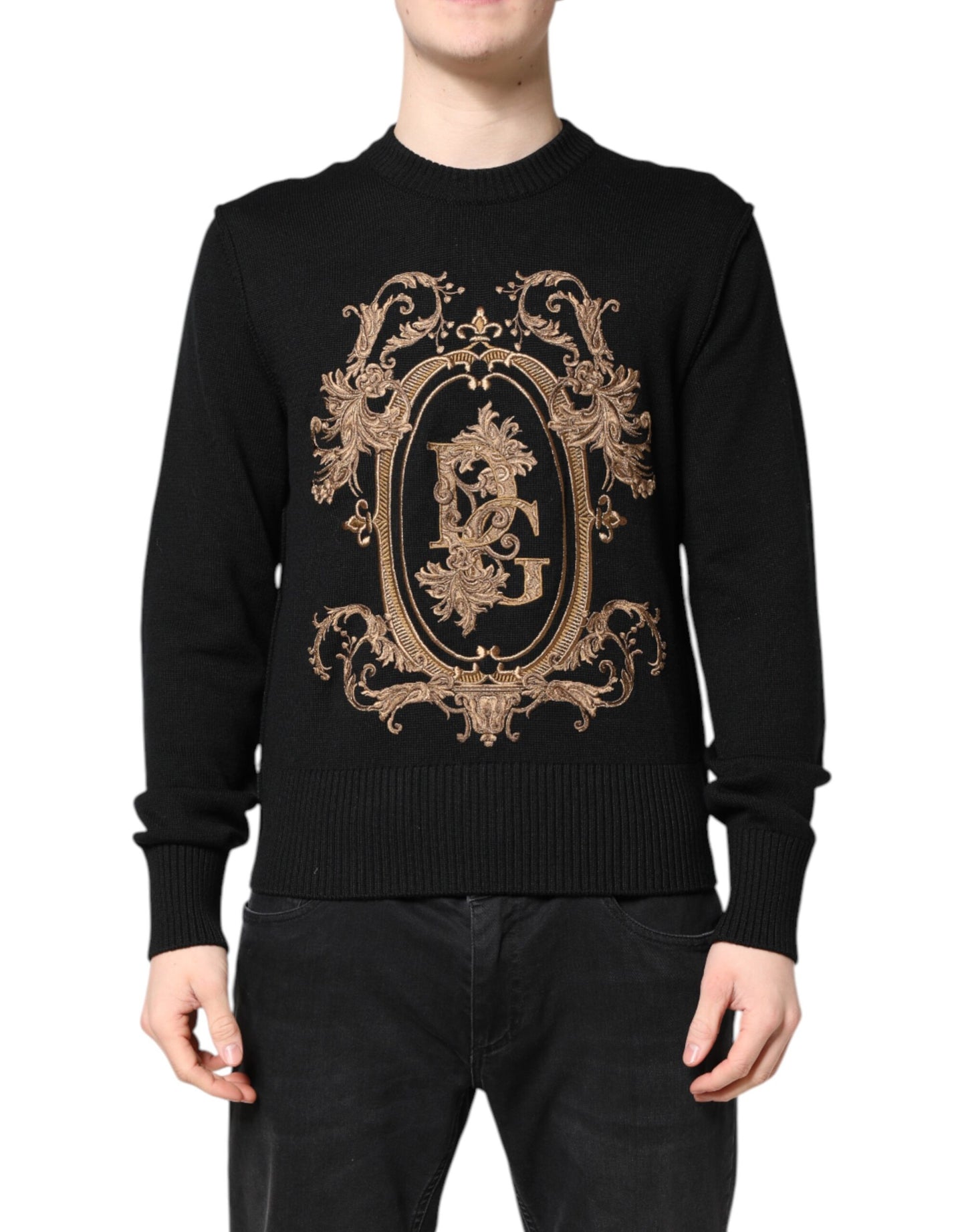 Black Logo Embroidery Knit Pullover Sweater