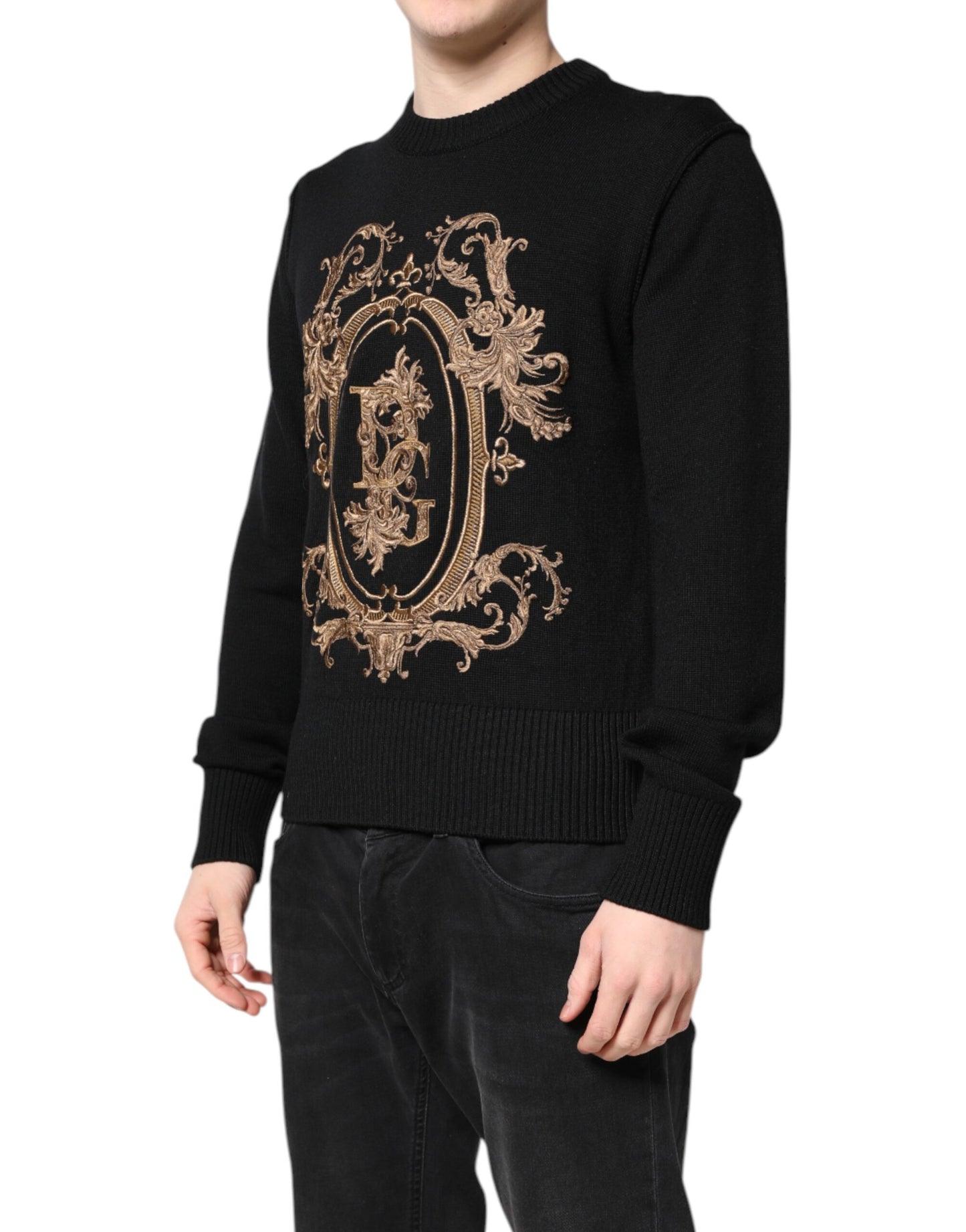 Black Logo Embroidery Knit Pullover Sweater
