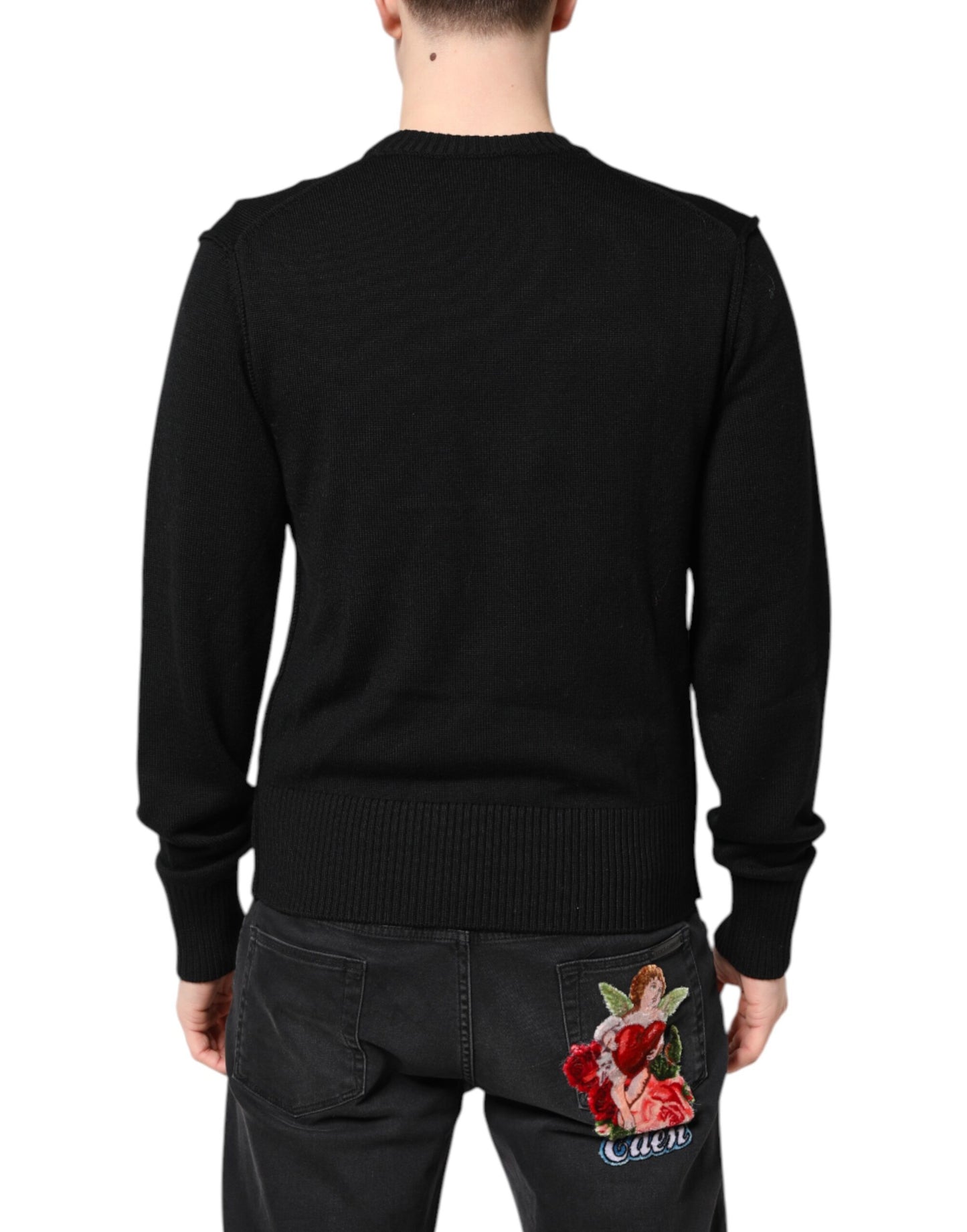 Black Logo Embroidery Knit Pullover Sweater