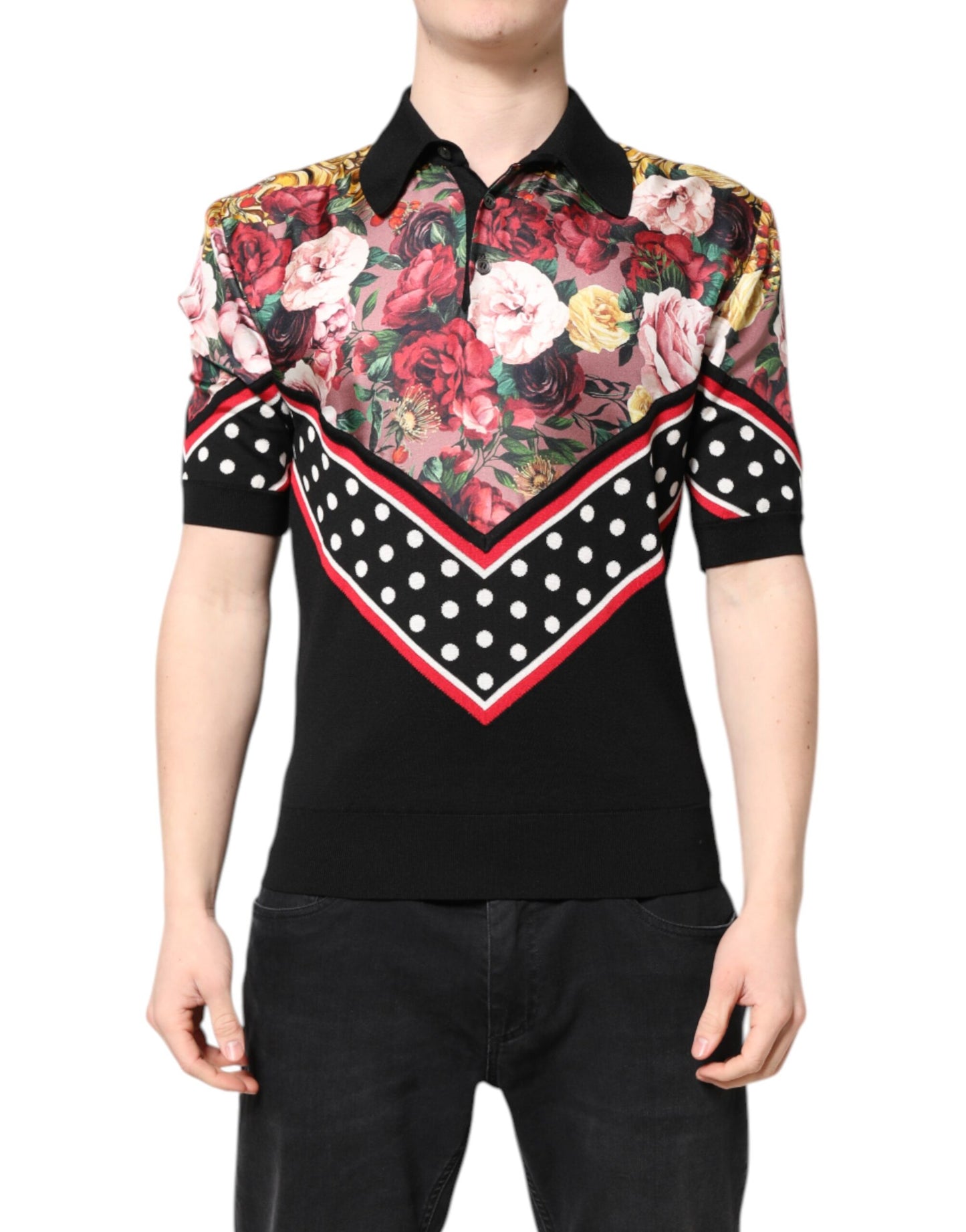 Black Floral Collared Short Sleeve T-shirt