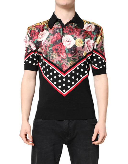 Black Floral Collared Short Sleeve T-shirt