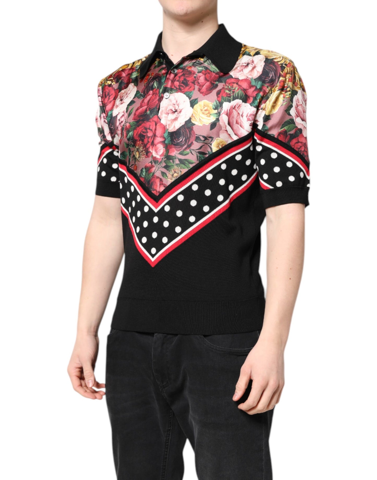 Black Floral Collared Short Sleeve T-shirt
