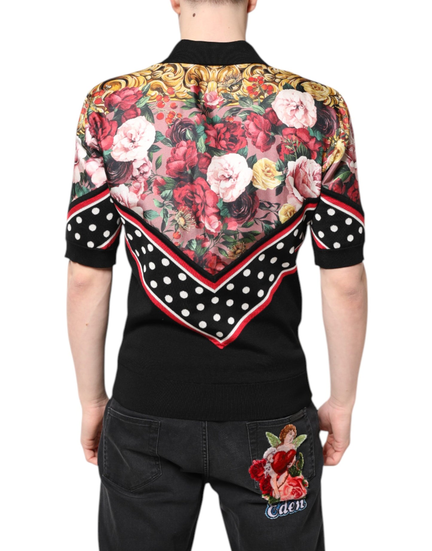 Black Floral Collared Short Sleeve T-shirt