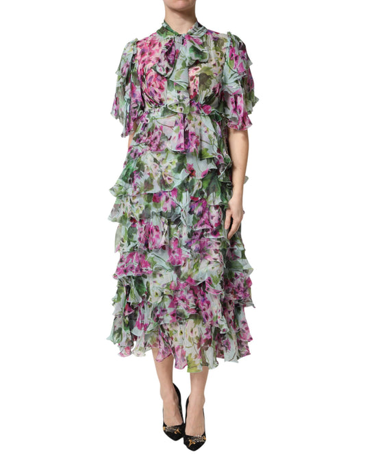 Multicolor Floral Silk Midi Layered Dress
