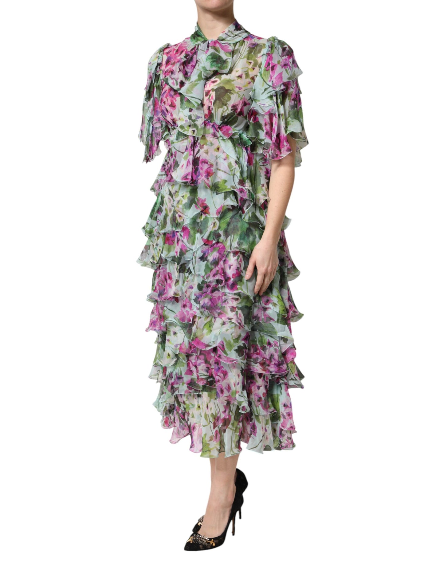 Multicolor Floral Silk Midi Layered Dress