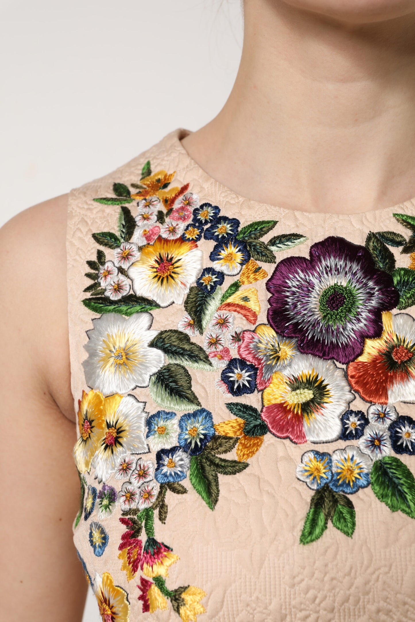 Beige Floral Embroidery Sleeveless Tank Top