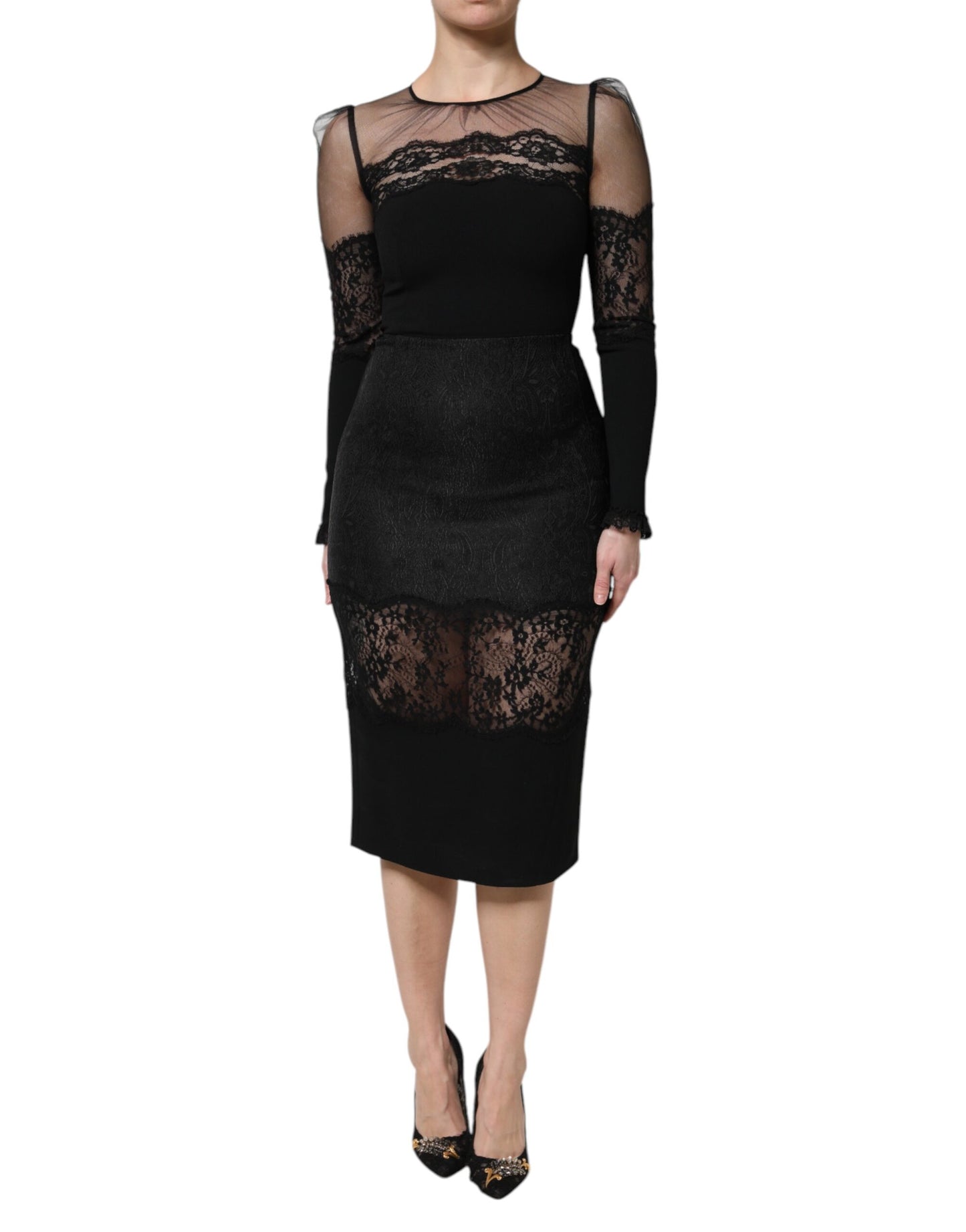Dolce & Gabbana Black Lace Trim Nylon Tulle Sheath Midi Dress