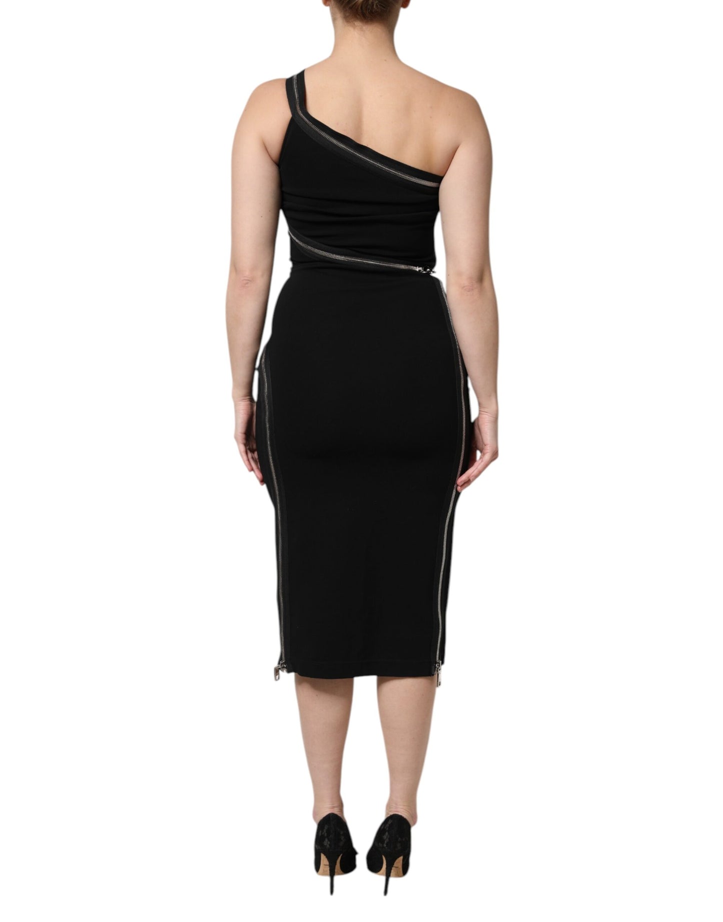 Black Viscose One Shoulder Zipper Sheath Dress