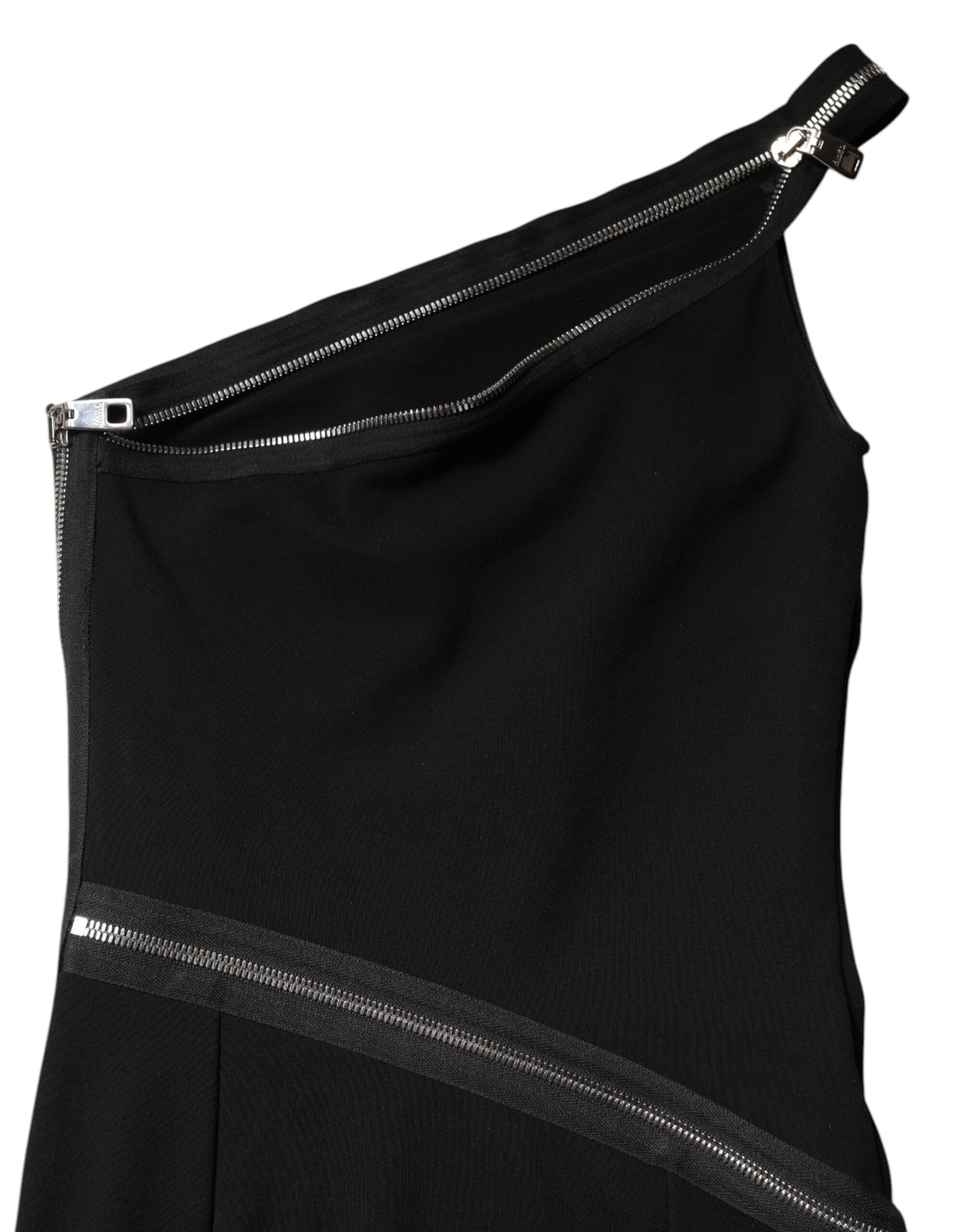 Black Viscose One Shoulder Zipper Sheath Dress